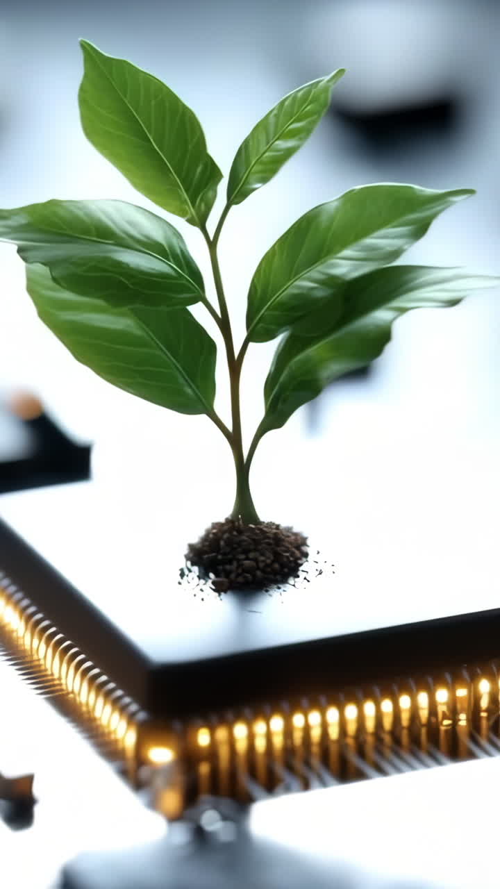 Plant on microchip surface. A plant sprouts from a microchip, symbolizing the fusion of technology and nature in a futuristic setting.