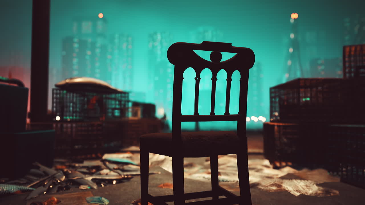 미래의 도시에서 외로운 의자