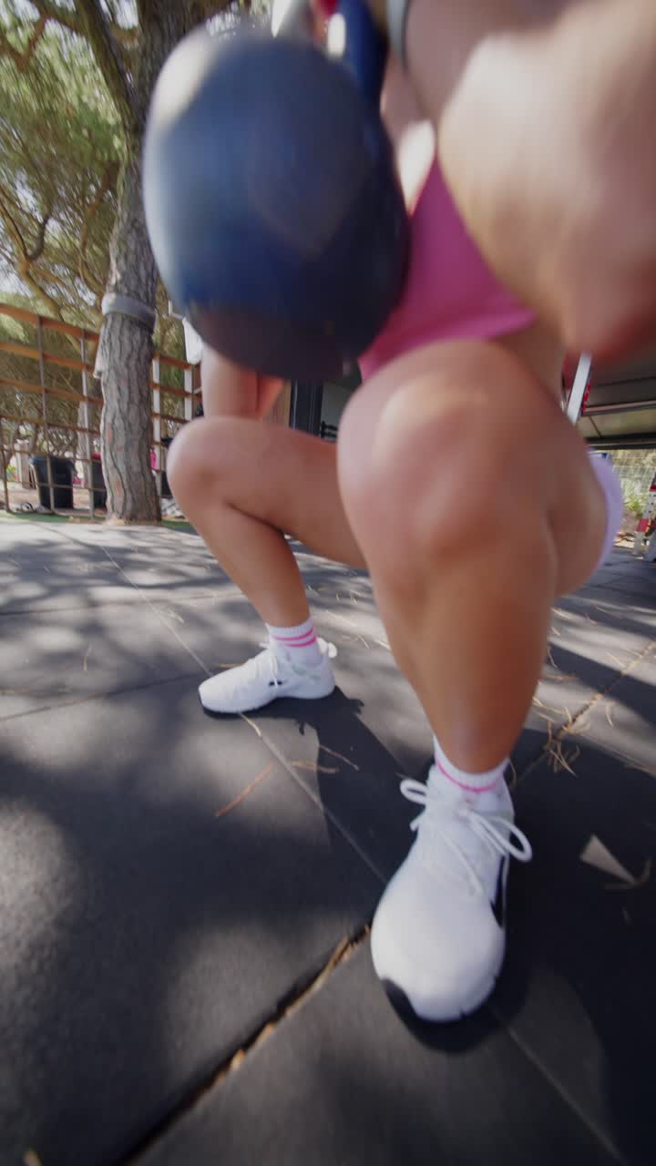 Female Athlete Training with Kettlebell in Outdoor Gym