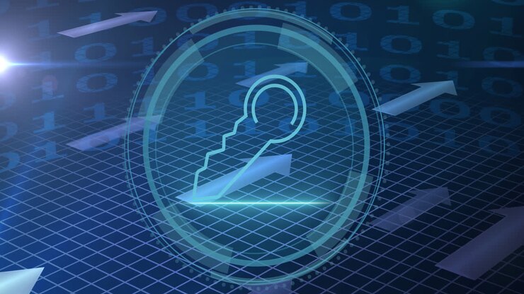 Animation of data processing and key over blue background