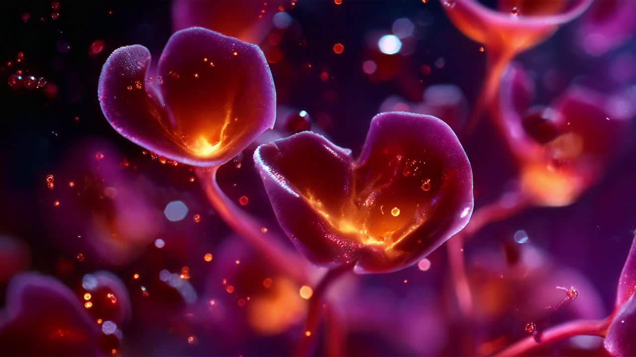 A mesmerizing close-up of luminous flowers in a vibrant dreamlike setting, showcasing intricate details and glowing elements in a symphony of colors and textures