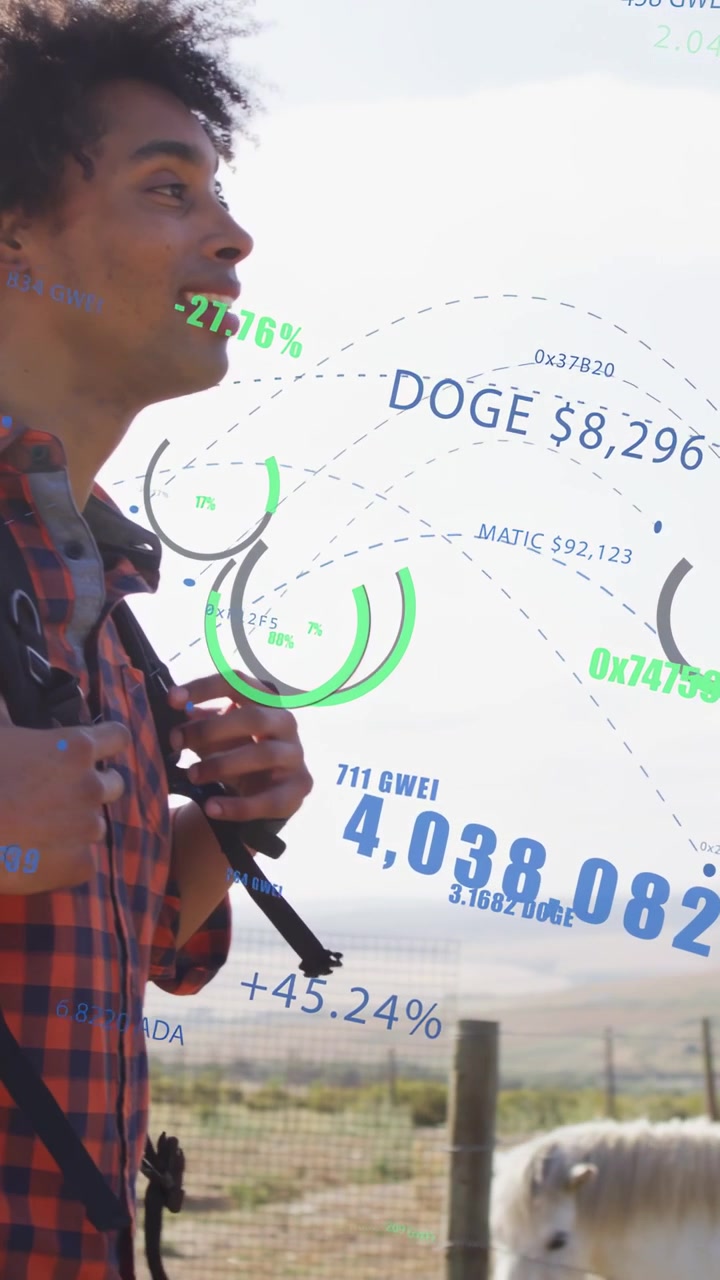 Vertical video: Male entering left and adjusting straps, two hikers walking viewing DOGE metrics