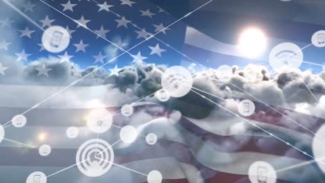 Animation-Von-WLAN--Und-Telefonsymbolen,-Die-Mit-Linien-über-Der-Flagge-Amerikas-Und-Wolken-Verbunden-Sind