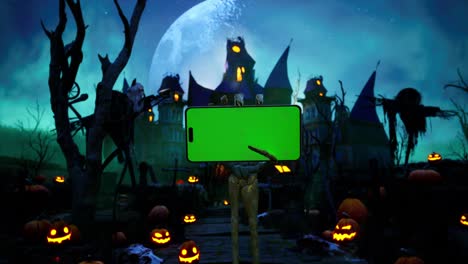 skeleton hand rising up smartphone with green screen, halloween haunted house with bats, and pumpkins under scary moon cinematic video animation background