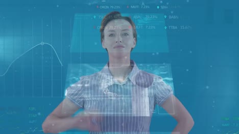 Animation-of-multiple-interface-over-caucasian-woman-using-futuristic-technology