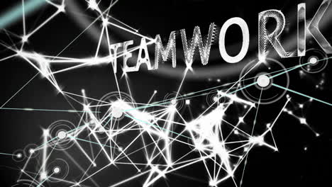 Teamwork text animation over interconnected network of glowing lines and nodes