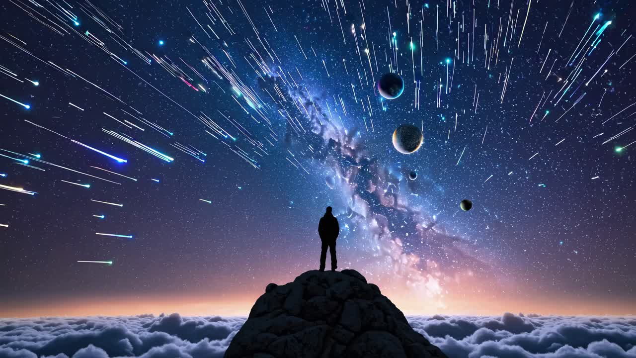 Silhouette of a person on a mountain peak under a starry sky with planets