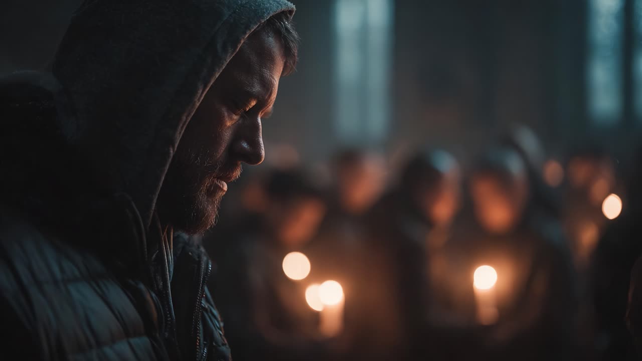 A somber gathering of individuals holding candles, reflecting in the dim light, evoking themes of remembrance, unity, and introspection amidst a poignant atmosphere of shared emotion