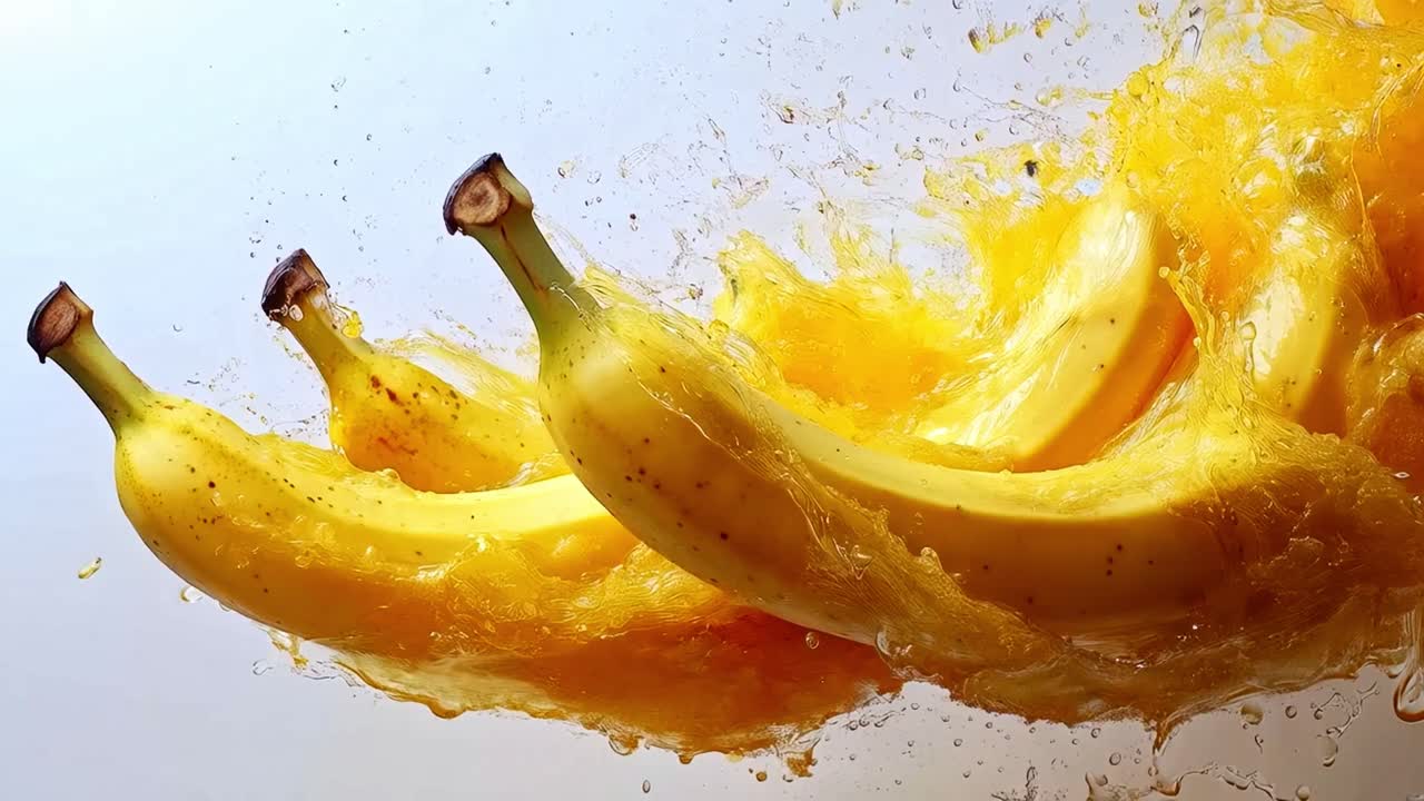 Bananas Splashing in Yellow Liquid