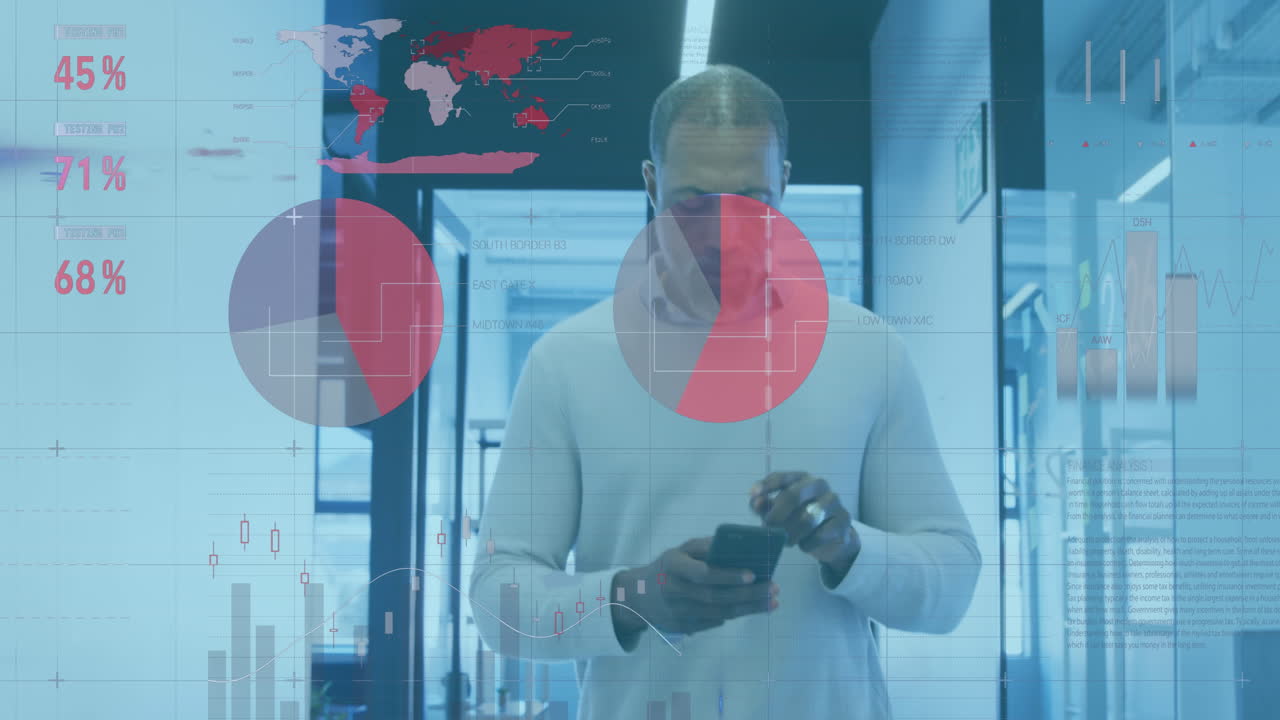 animación del procesamiento de datos estadísticos contra un hombre afroamericano que usa un teléfono inteligente en la oficina