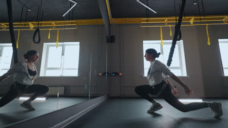 una mujer adulta está entrenando sola en un gimnasio. ejercicio de suspensión con sistema trx. actividad deportiva moderna.