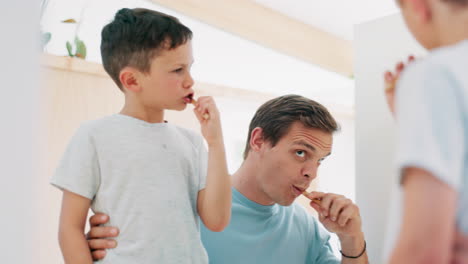 bathroom, dad and child brushing teeth in morning