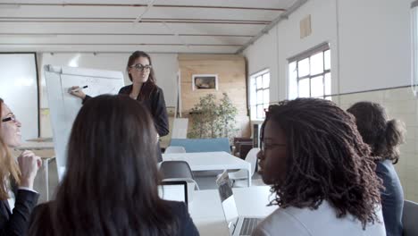 Young-businesswoman-making-presentation-to-colleagues