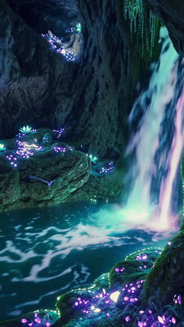 mystical cave waterfall with glowing plants and crystals