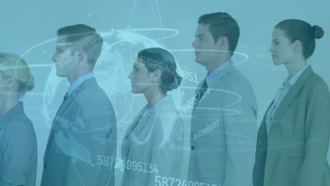 Animation-of-globe-and-financial-data-processing-over-diverse-business-people