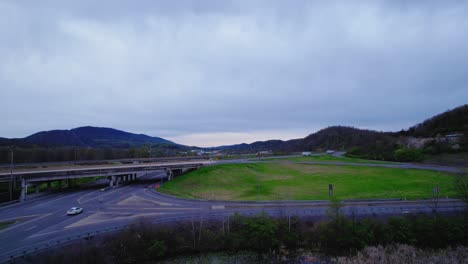 Aerial-view-of-a-semi-truck-taking-a-ramp-on-Interstate-I-80