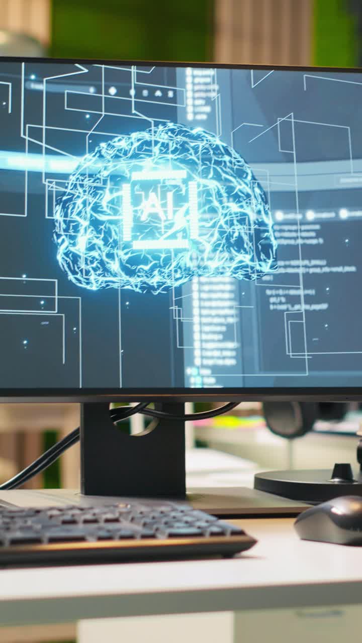 Vertical video Close up of empty tech startup office with artificial intelligence programs