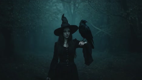 A Mysterious Witch Casting Spells in an Enigmatic Forest with a Raven by Her Side, Surrounded by Shadowy Trees and a Haunting Atmosphere
