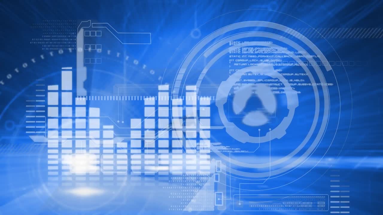 파란색 배경에 대한 데이터 처리 인터페이스의 디지털 애니메이션