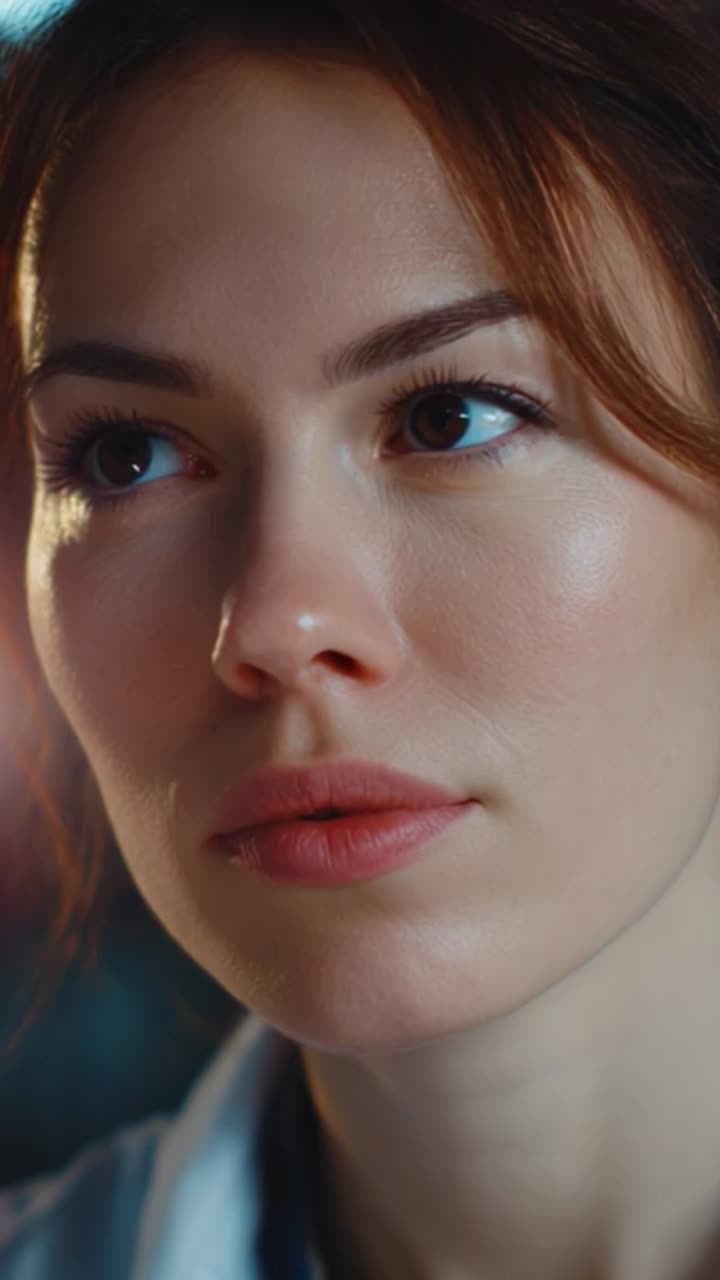 Intense Close-Up of a Thoughtful Young Woman with Expressive Features Captured in a Vibrant Atmosphere, Highlighting Her Emotional Depth and Reflection