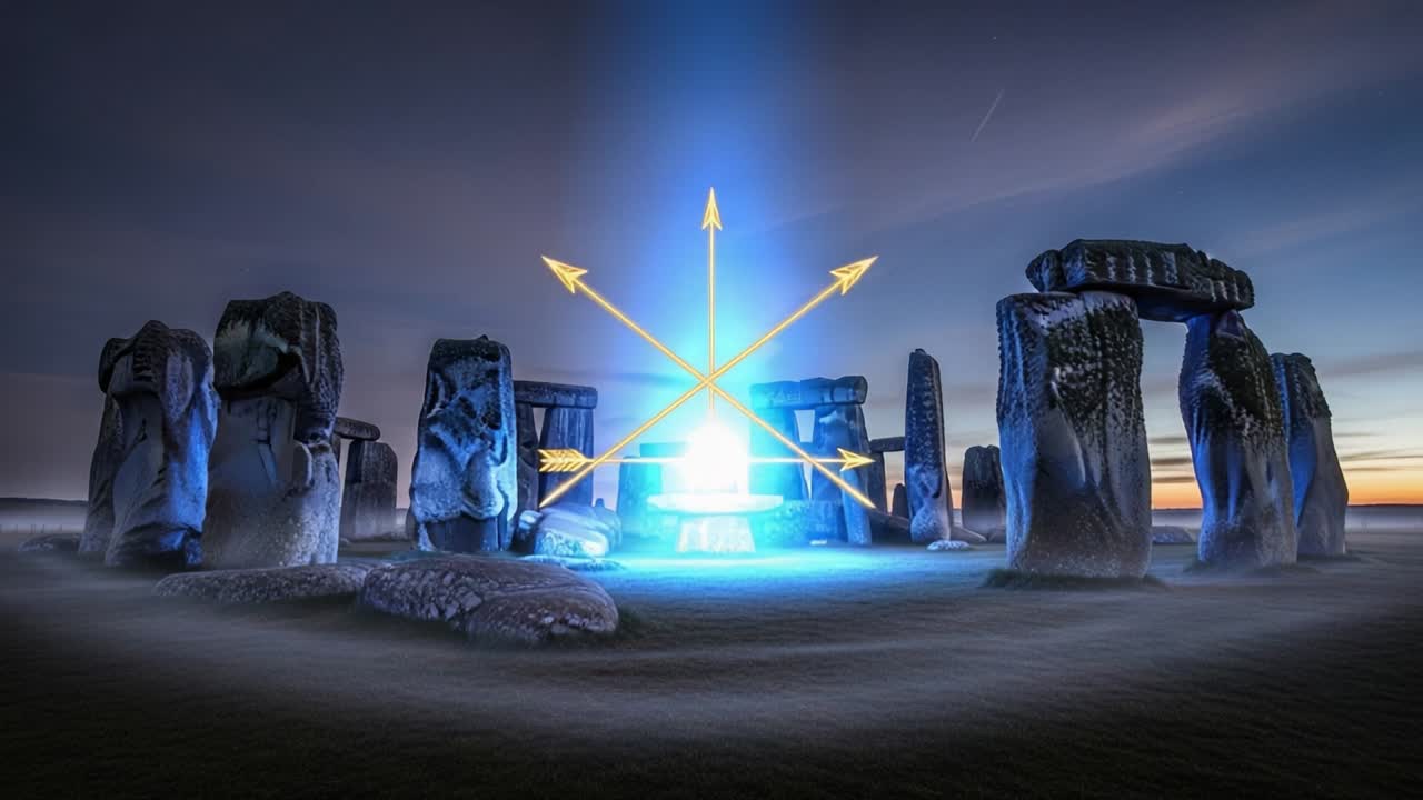 Mysterious Stone Circle Emitting Vibrant Blue Light: An Enigmatic Display of Nature and Energy Captured at Dusk with Radiating Arrows Signifying Direction and Power