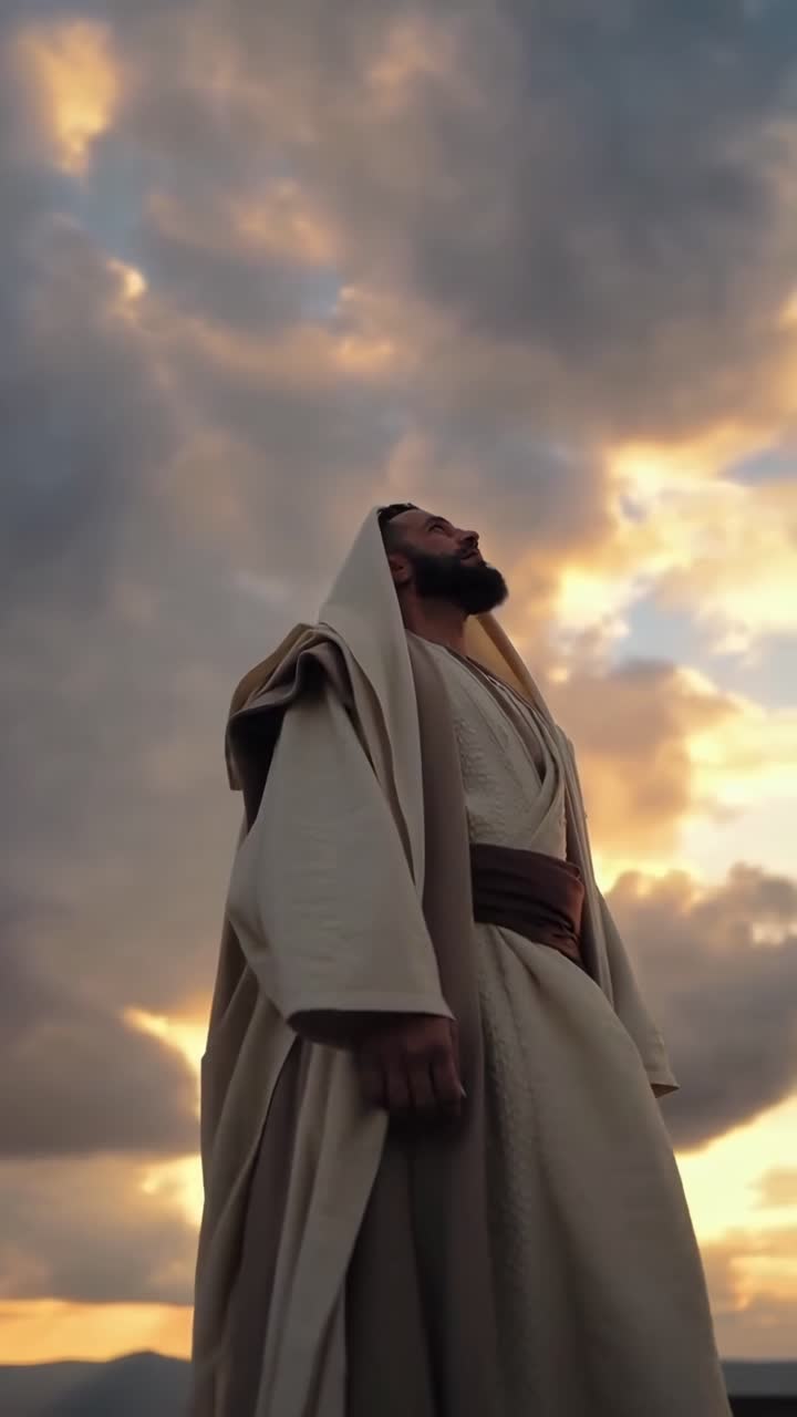 Video drammatico dal basso di un uomo in toga che osserva un cielo nuvoloso al tramonto, evocando serenità