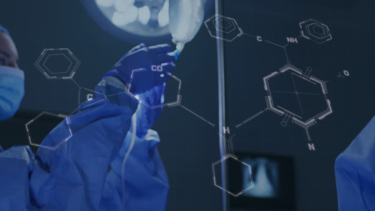 Animação de fórmula química sobre diversos cirurgiões e paciente em hospital