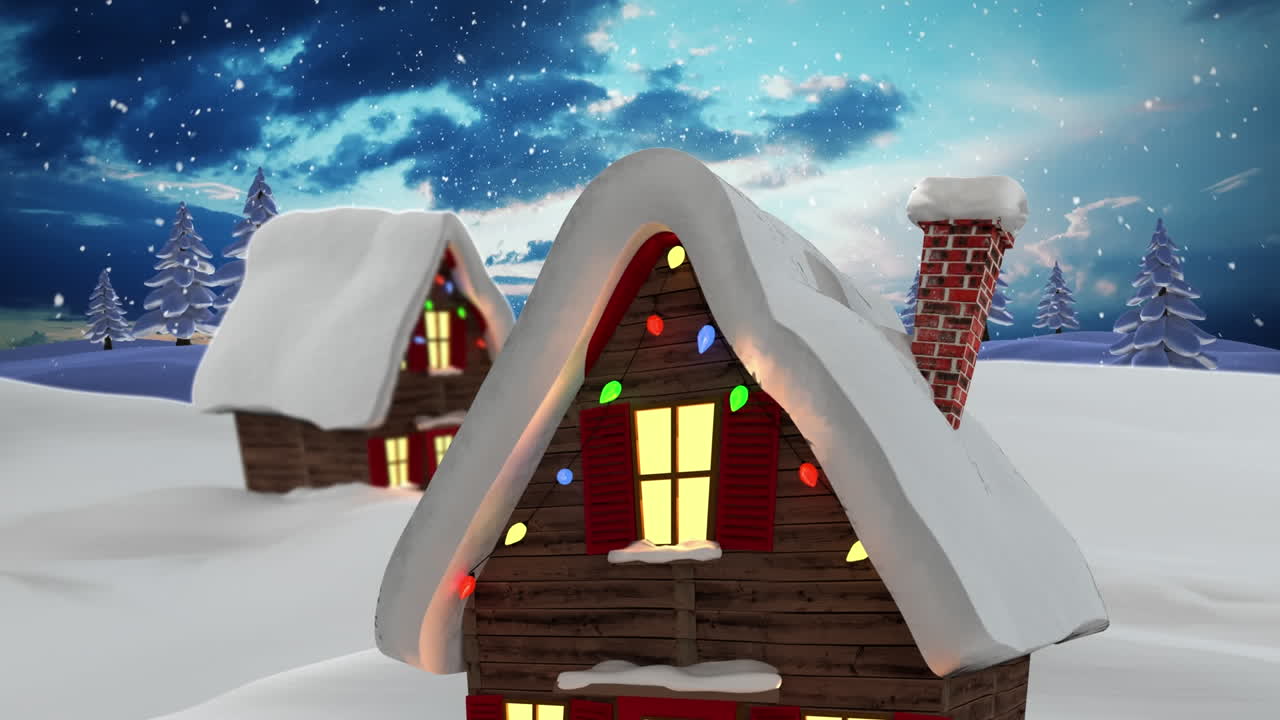 una animación digital de una escena de invierno con dos casas y luces de hadas cubiertas de nieve