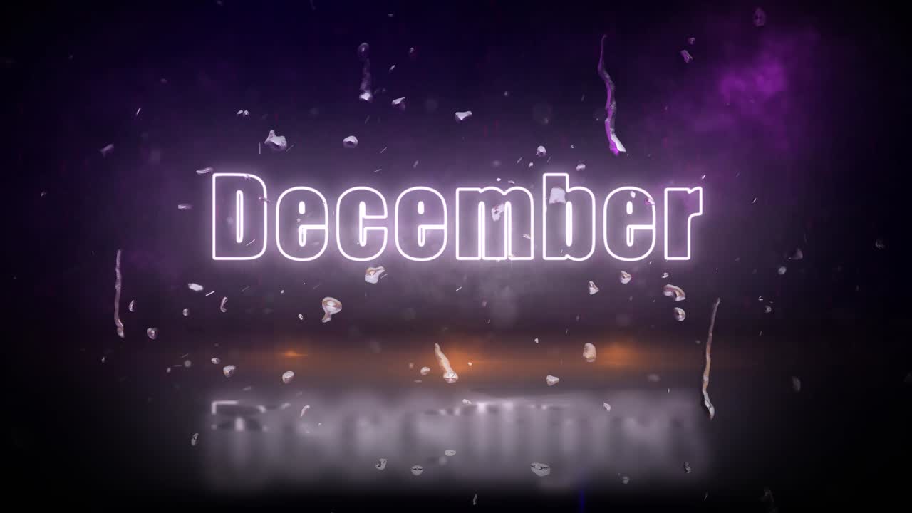 Insegna al neon di dicembre rivelata attraverso una tempesta, con luci tremolanti.