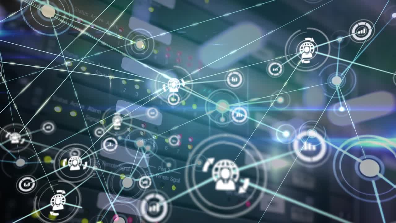 Animazione di rete di connessioni con icone su griglia