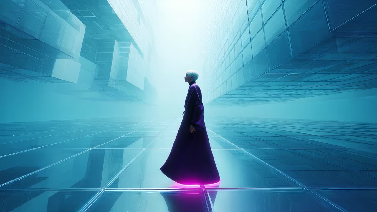 A mesmerizing figure in a flowing cloak walks through a futuristic environment filled with geometric shapes and ethereal lighting, creating a surreal and captivating visual experience