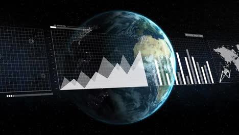 animation of financial data processing over globe on dark background