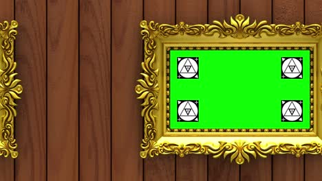la cámara se mueve a lo largo de marcos de imágenes dorados en fondo de madera marrón. animación 3d en bucle sin costuras. marcadores de seguimiento de movimiento y pantalla verde incluidos.