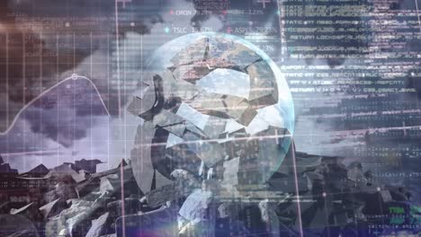 animation of data processing and statistics recording with crumbling euro currency symbol on backgro