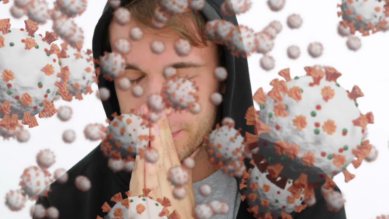 코로나19 세포가 인간에 대해 움직이고 기도하고 있습니다.