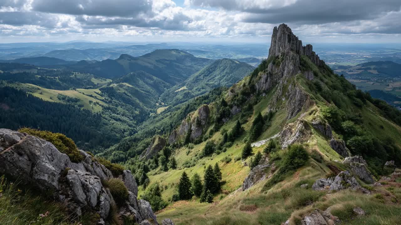 Dechberoucí horská krajina zachycená ve dvou úchvatných záběrech: Majestátní výhled na skalnaté vrcholky obklopené bujnou zelení a rozlehlou oblohou.