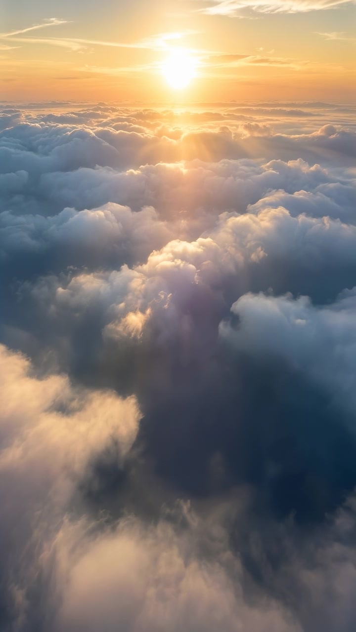 La calda luce solare mattutina sorge su una fitta coltre di nuvole, creando un cielo sereno con bagliori luminosi, una leggera nebbia e un paesaggio atmosferico drammatico.