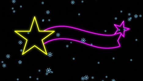 Animation-of-snow-falling-over-christmas-neon-decoration-on-black-background