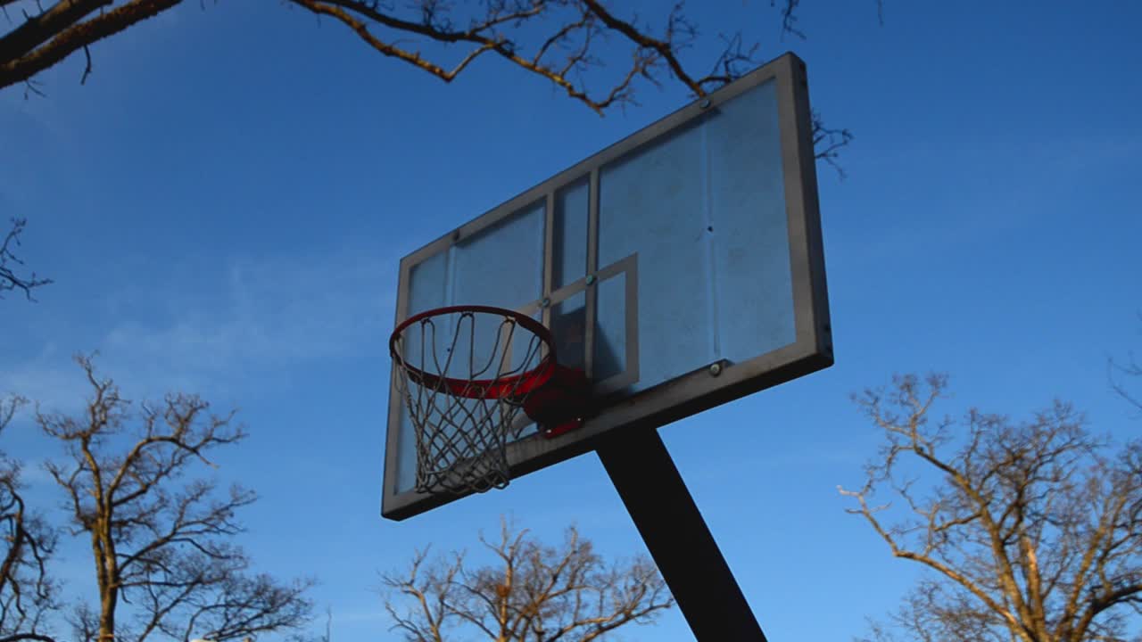A view from below a basketball backboard of lay-ups being shot from both sides of the rim