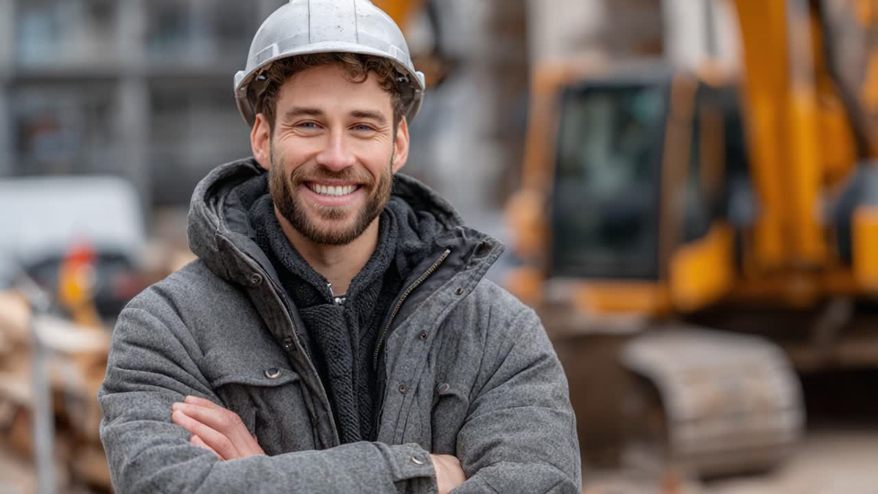 A confident construction worker smiles proudly on the site, showcasing commitment and professionalism while wearing a hard hat and a warm jacket amidst machinery