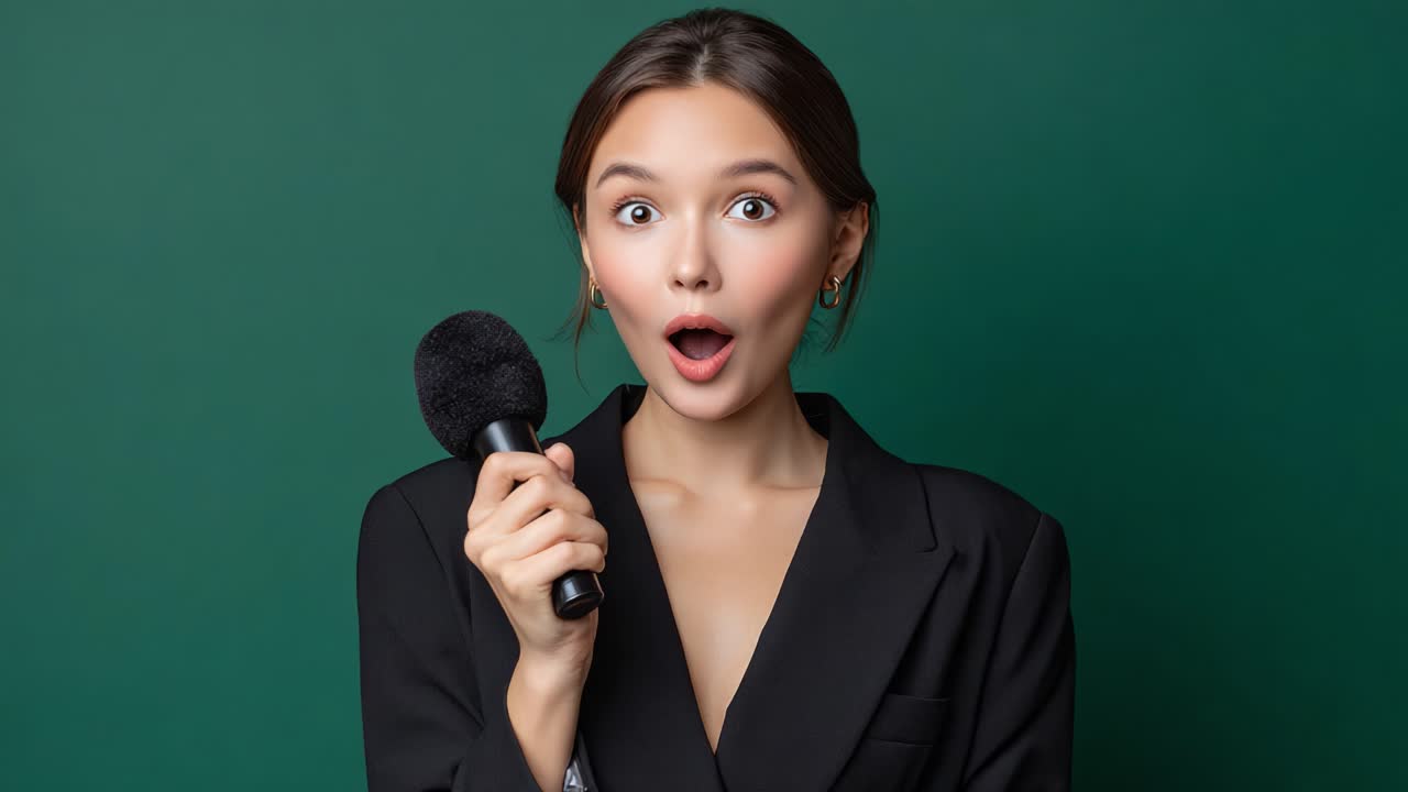 Expressive Female Host Holding a Microphone with Surprise and Poise Against a Vibrant Green Background, Capturing the Essence of Excitement and Confidence
