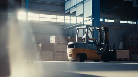 Forklift with operator moving goods in a brightly lit industrial warehouse