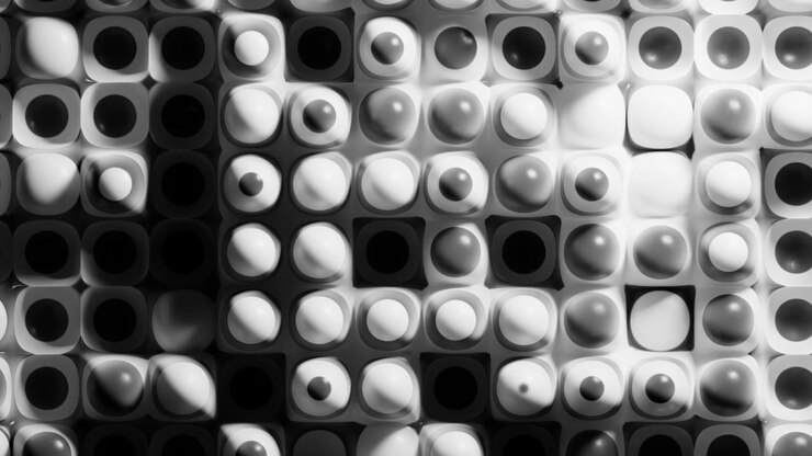 Abstrakt 3D-animasjon av bevegelige monokrome geometriske kuler