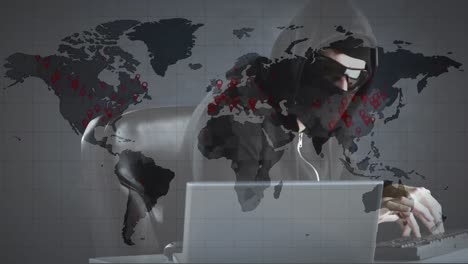 animation of world map over hacker with laptop