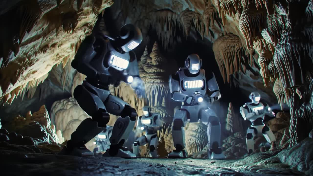 A group of advanced robots navigates a breathtaking underground cave, studying unique rock formations and assessing environmental conditions. The setting is mysterious and captivating.