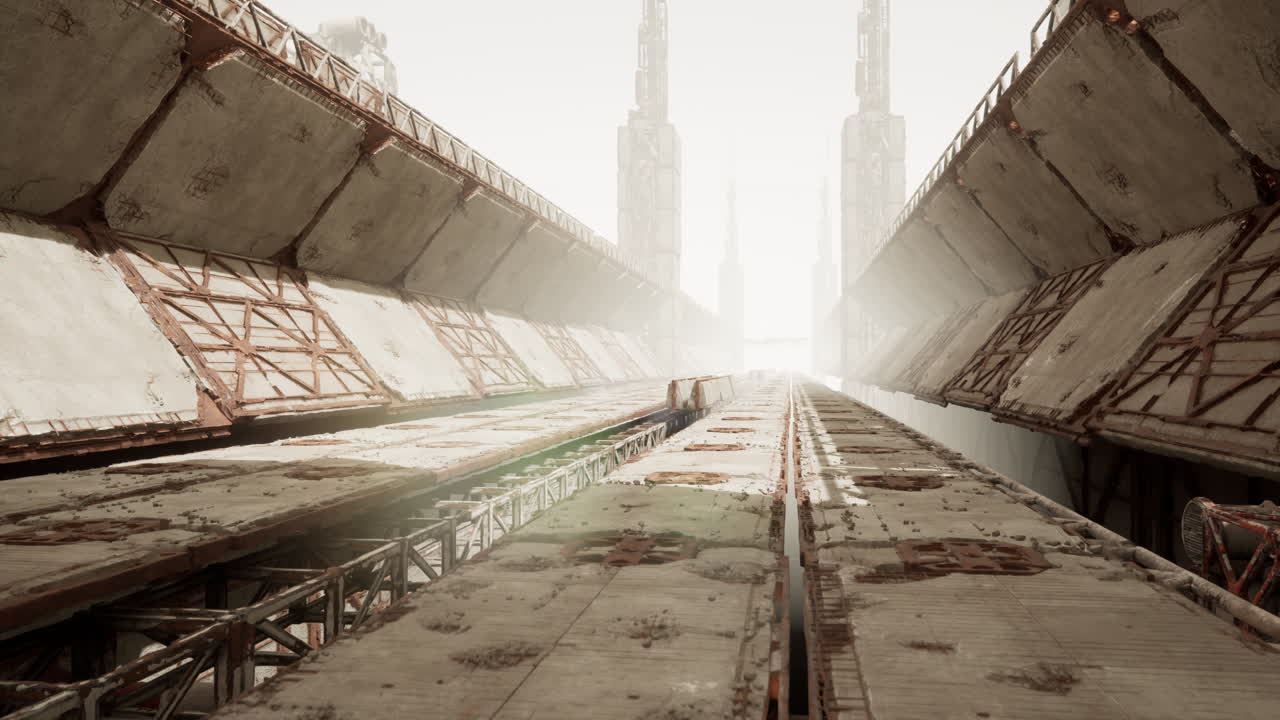 Sunshine illuminates weathered industrial hall with debris shadows