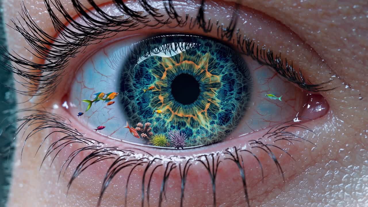 Tropical marine life swimming within luminous eye iris, creating mesmerizing surreal oceanic vision blending underwater world with human perception