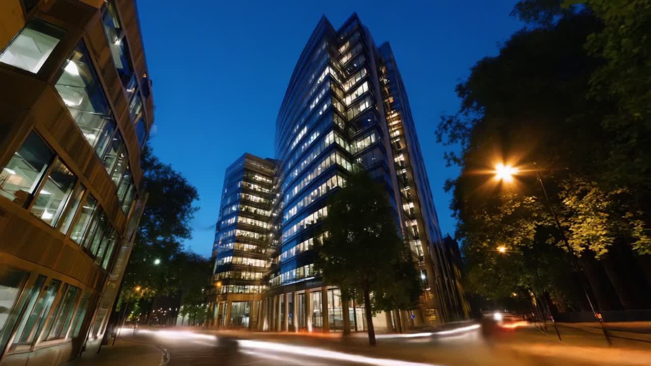 Paisagem urbana ao anoitecer: edifícios modernos iluminados refletindo a arquitetura urbana com padrões de tráfego dinâmicos e céu noturno impressionante em um ambiente metropolitano vibrante
