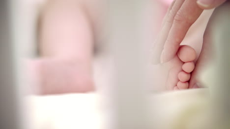 mother hands stroking baby feet. mother protecting baby. new born life