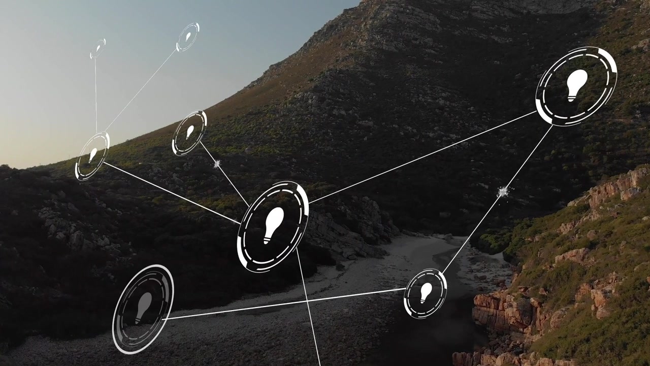 HUD node network starting with main node appearing, linking and growing to show flow over ravine